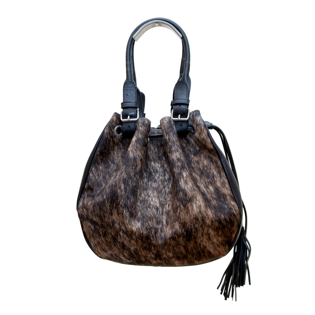 Michelle Double Handle Drawstring Bag - Brown Exotic Cowhide