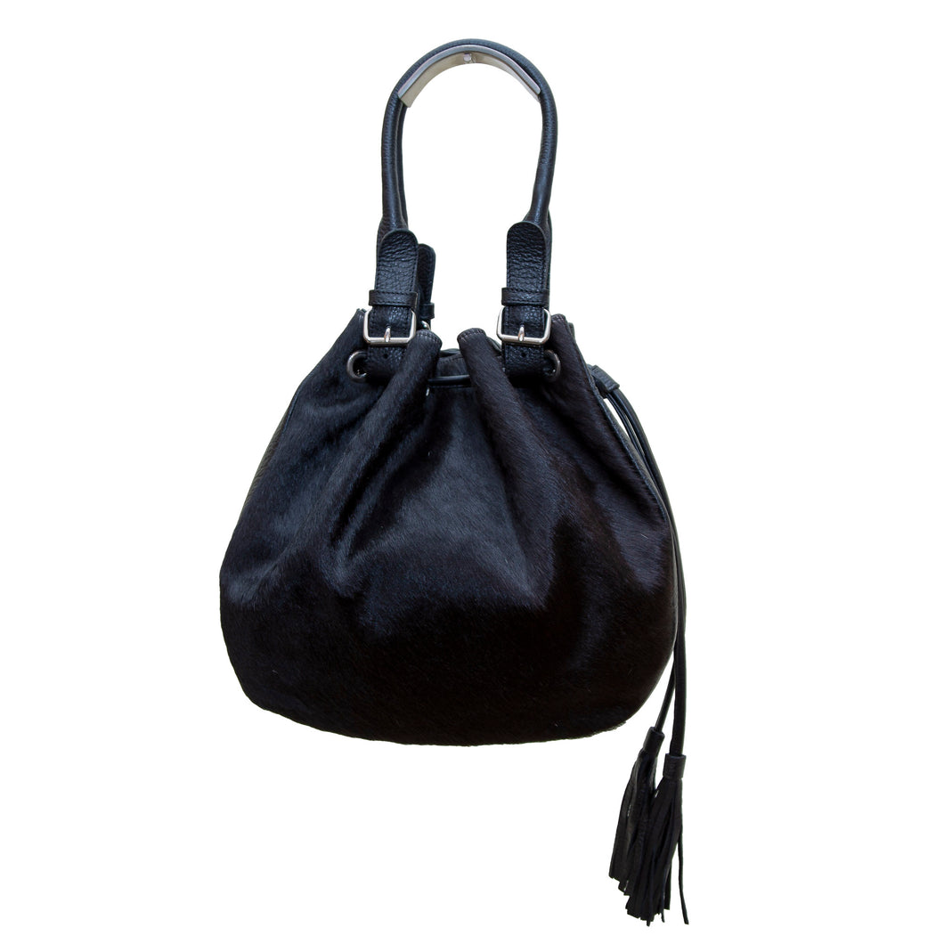 Michelle Double Handle Drawstring Bag - Black Cowhide